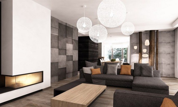 moderna-sala de estar-sofá-cinza-piso de madeira-lareira-parede-almofadas laranja