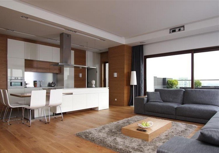 moderna-sala-sofá-cinza-piso de madeira-branco-cozinha