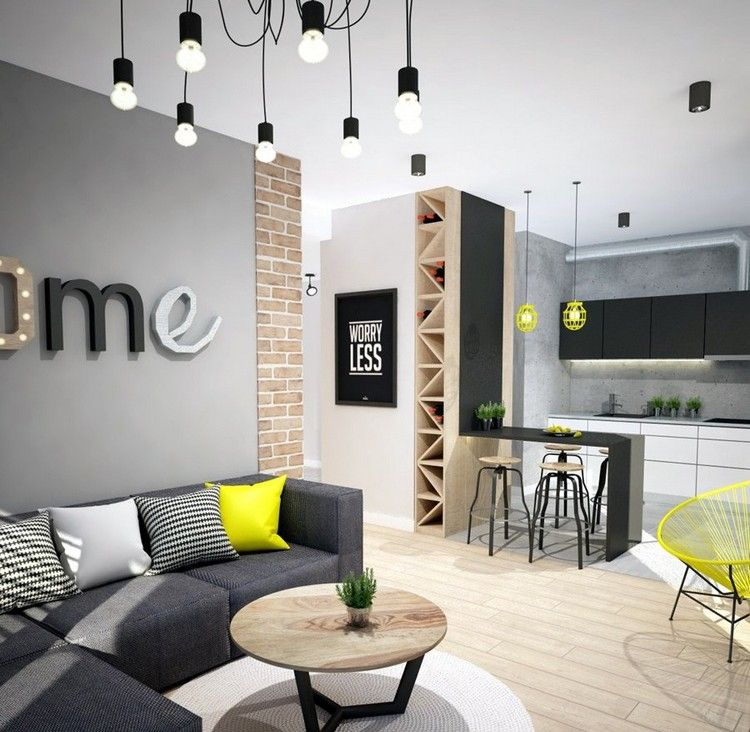 moderna-sala de estar-sofá-antracite-cinza-parede-cor-amarelo-acentos-madeira clara