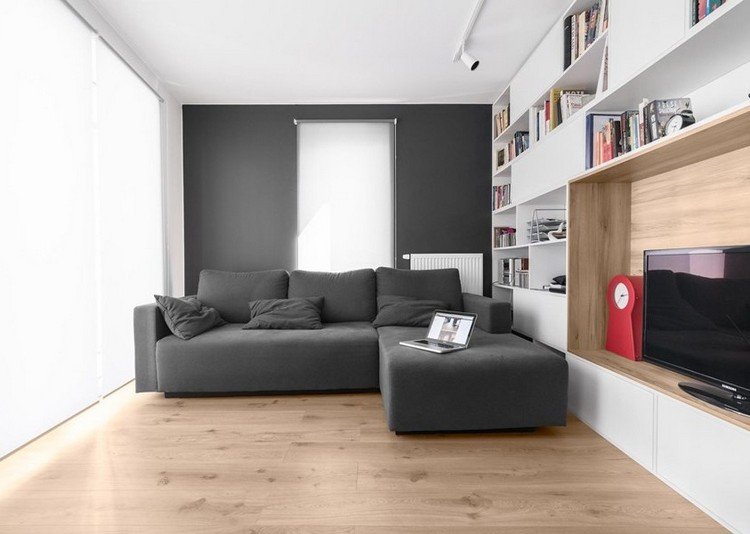 moderna-sala de estar-sofá-cinza-branco-sistema de estantes-piso de madeira