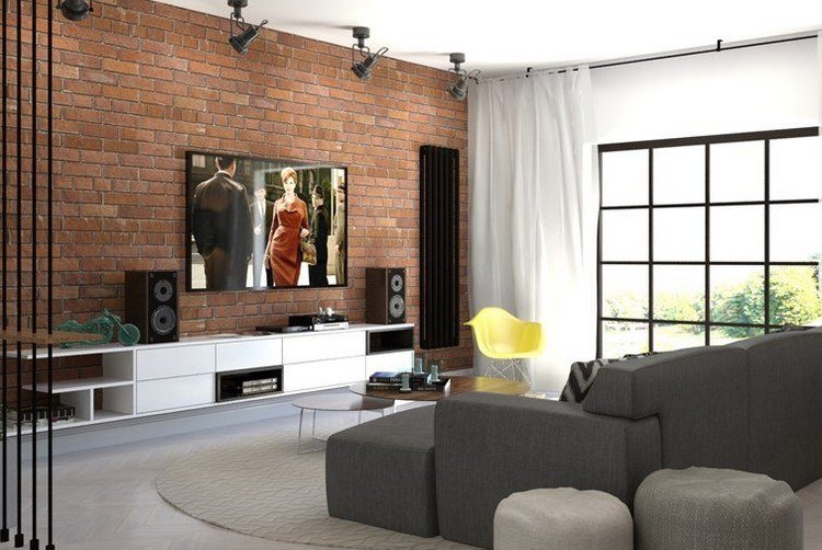 moderna-sala de estar-sofá-cinza-vermelho-tijolo-parede-branco-aparador