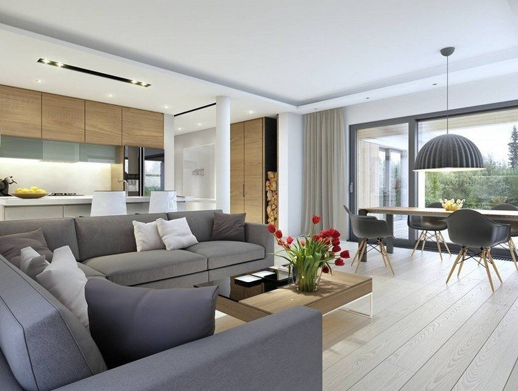 moderna-sala de estar-sofá-cinza-claro-piso de madeira-madeira-mesa de centro