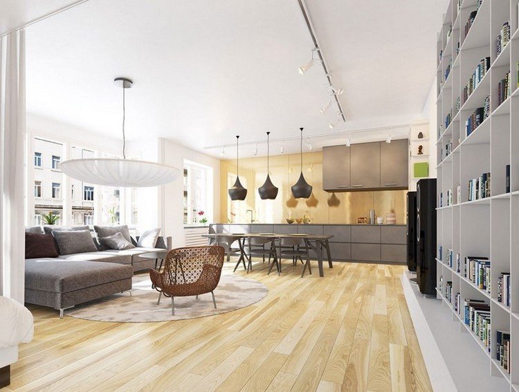 moderna-sala de estar-sofá-cinza-claro-prancha-piso-branco-parede-teto