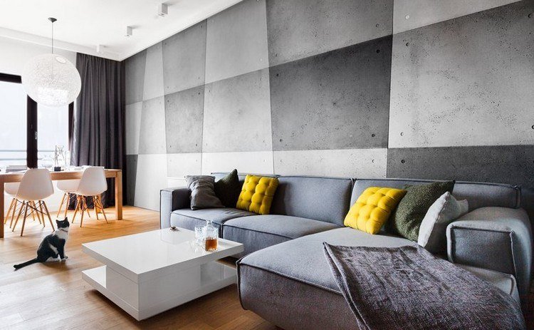 moderna-sala de estar-sofá-cinza-amarelo-almofadas-branco-mesa de centro-alto brilho