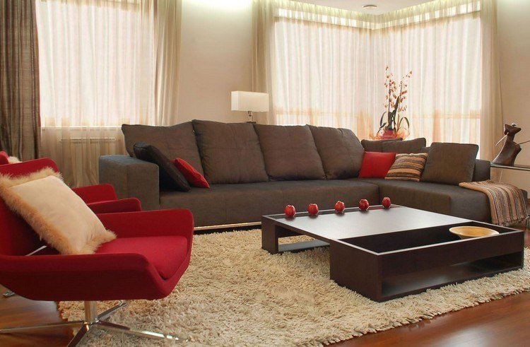moderna-sala de estar-sofá-cinza-canto-sofá-madeira-mesa de centro-bege-tapete felpudo