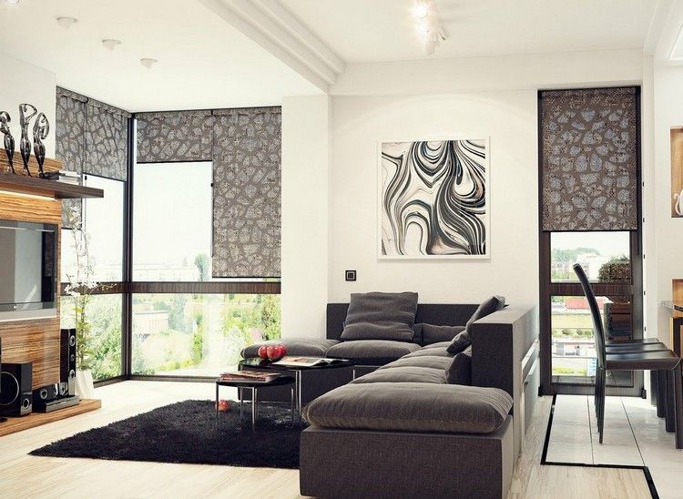 moderna-sala-sofá-escuro-cinza-preto-carpete-luz-piso laminado