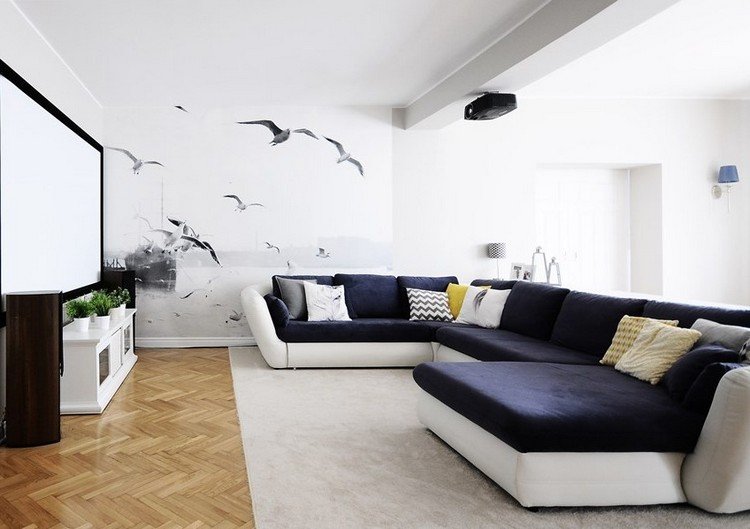 moderna-sala de estar-sofá-azul escuro-piso de parquete-foto-papel de parede-preto-branco