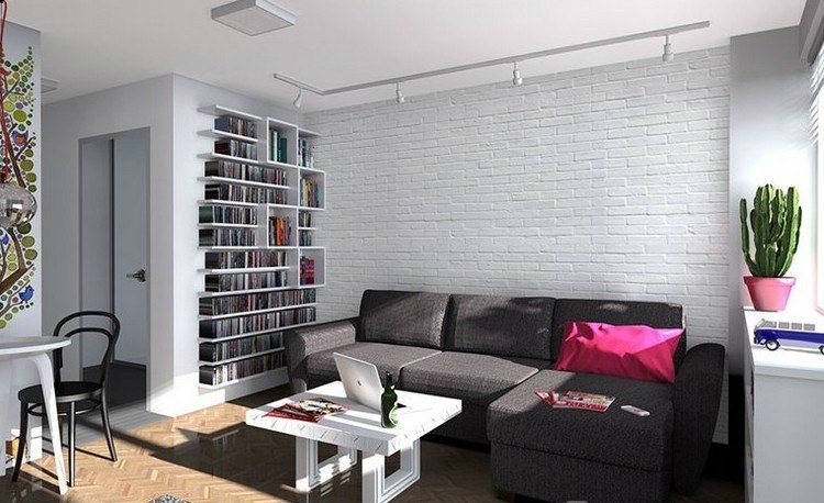 moderna-sala de estar-sofá-antracite-branco-tijolo-parede-piso em parquet