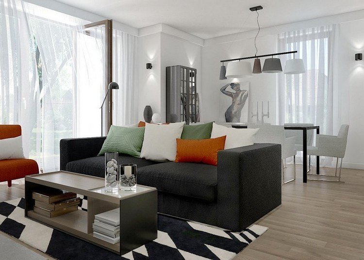 moderna-sala de estar-sofá-2-lugares-piso de madeira-laranja-verde-almofadas