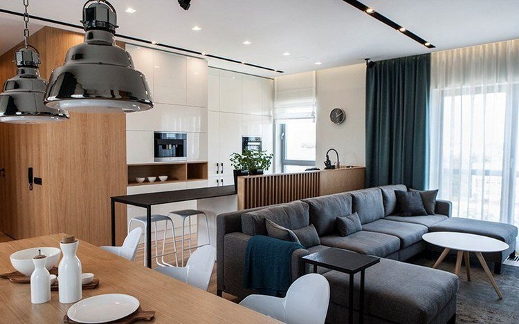 moderna-sala de estar-canto-sofá-branco-cozinha-madeira-mesa de jantar
