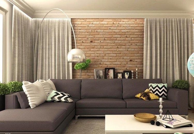 moderna-sala de estar-canto-sofá-parede-design-tijolo-olhar cinza-cortina-luminária de chão