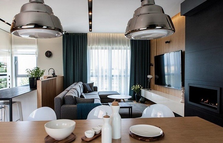 sala de estar moderna-canto-sofá-cinza-parede de madeira-branco-quadro baixo