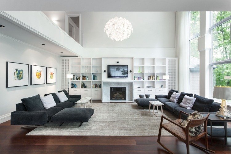 moderna-sala de estar-sofá-ideias-preto-branco-piso de madeira-casa-loft