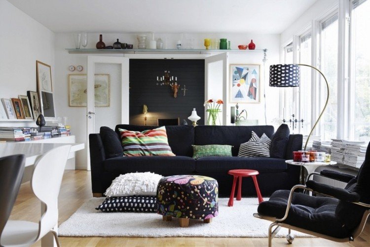moderna-sala de estar-sofá-ideias-sofá-preto-branco-estilo escandinavo