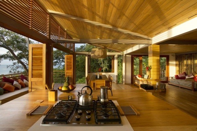 Casa de palafitas design de interiores loft mini-ilha de cozinha aberta fogão a gás