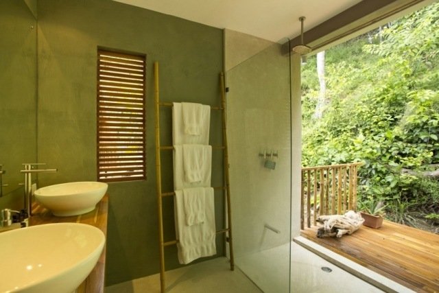 Projeto de toalheiro de bambu com pia exótica com bancada exótica