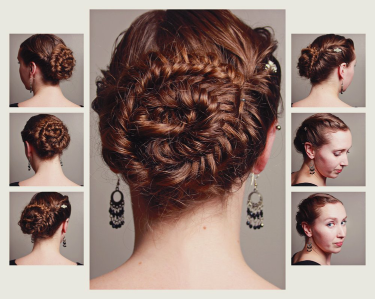 updo com coque espiral com franja e brincos de trança