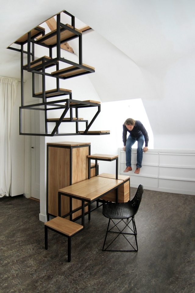 design escada combinação aço madeira espaço de armazenamento de trabalho
