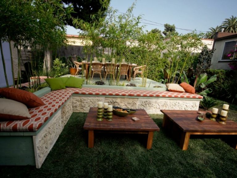 lounge com jardim para relaxar mesa de centro de madeira romântica com design mediterrâneo bambu