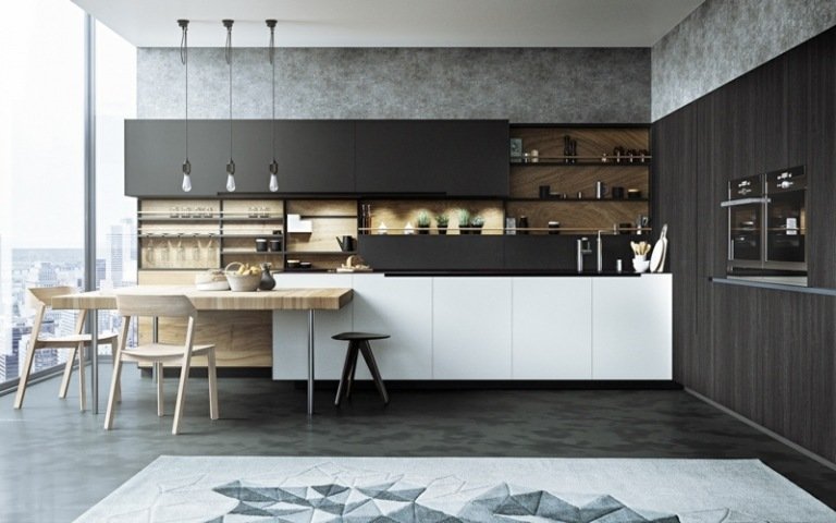 cozinha preta móveis de madeira clara interior tapete padrão geométrico