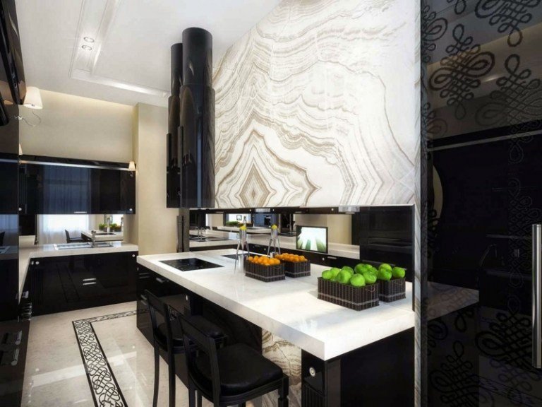 cozinha preta, design nobre, alto brilho, mármore branco