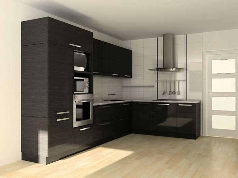 cozinha canto preto design madeira pequenas paredes brancas parquet madeira clara