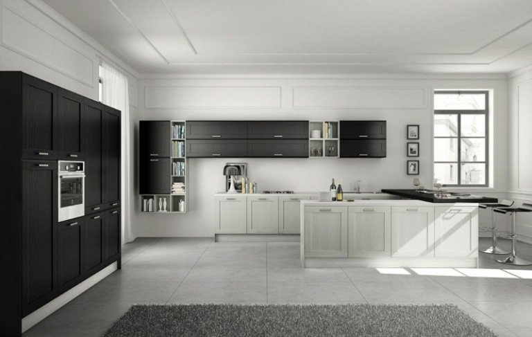 cozinha preta moderna estilo country armários brancos carpete cinza profundo
