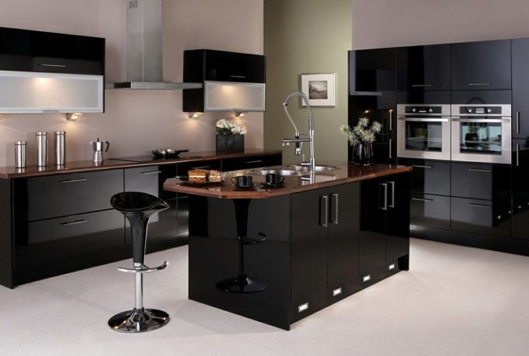 cozinha preta elegante ilha de cozinha de alto brilho bancada de madeira escura