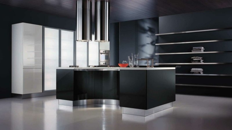 cozinha preta prateleira design moderno cozinha ilha forma irregular