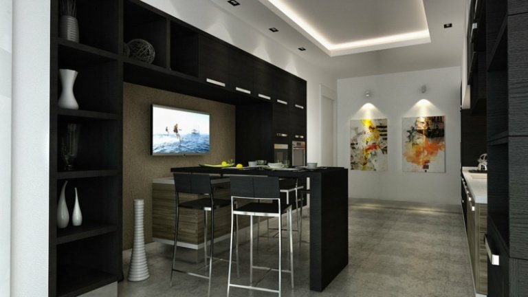 cozinha prateleira preta design televisão sala de jantar balcão