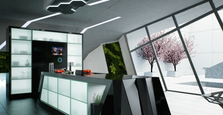 ideia de vidro fosco preto de cozinha janela inclinada ilha de cozinha futurista