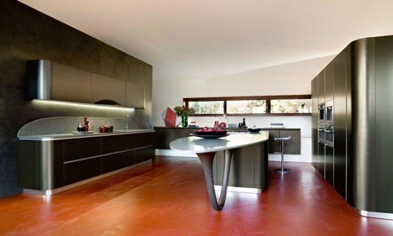 ideia de estilo futurista preto de cozinha piso marrom vermelho
