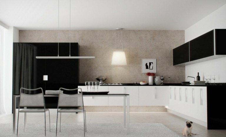 cozinha preta estilo minimalista branco armários mesa de jantar