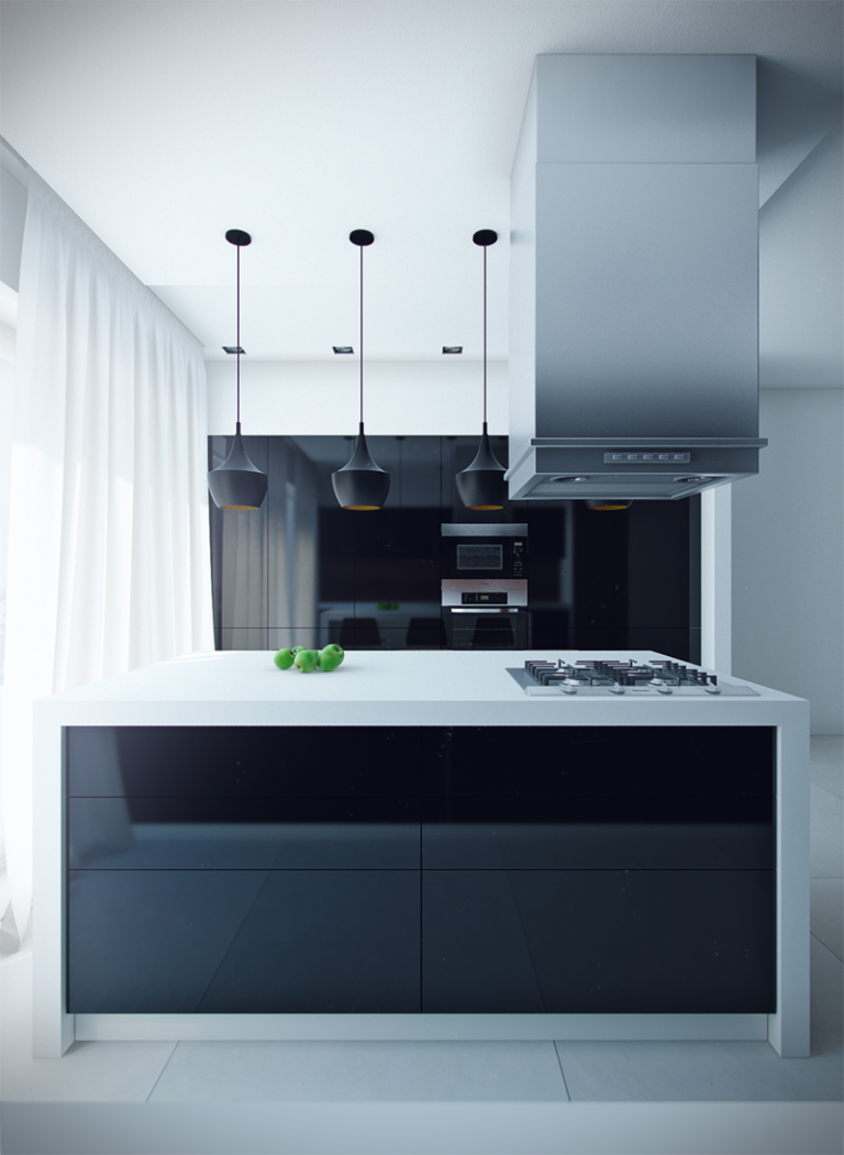 cozinha preta bancada de trabalho ilha branca design de alto brilho