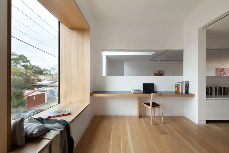 Área de estar na janela, escritório, casa, madeira, design, escrivaninha