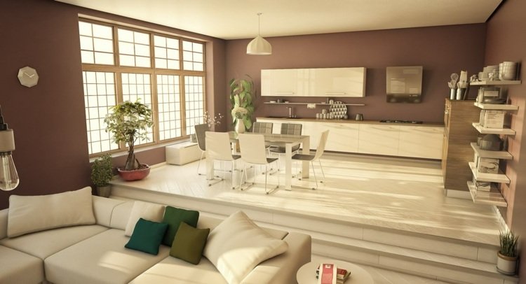grande espaço dividido minimalista-cozinha-sala de jantar-marrom-pintura de parede