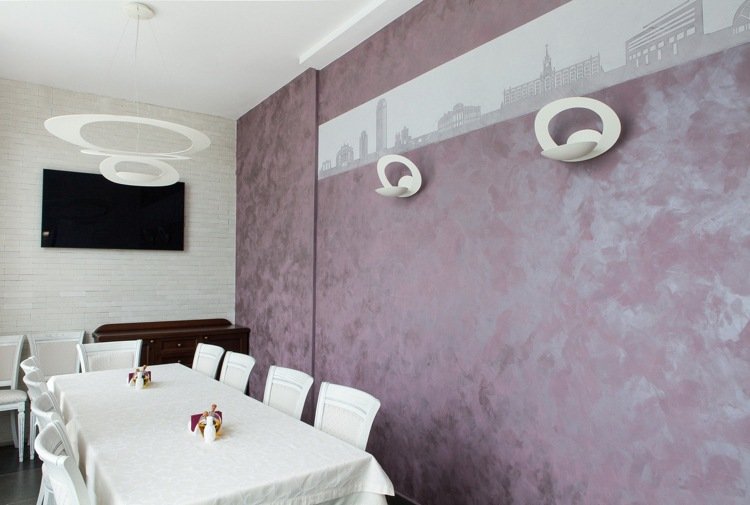 Design de parede com técnica de limpeza de área de jantar-rosa-roxo-cinza-efeitos