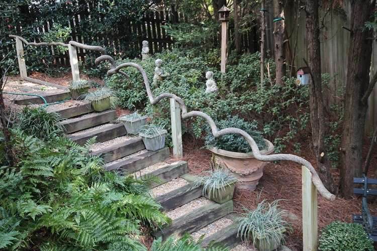 escadas externas de madeira cascalho escadas simples de jardim degraus de jardim corrimão natural