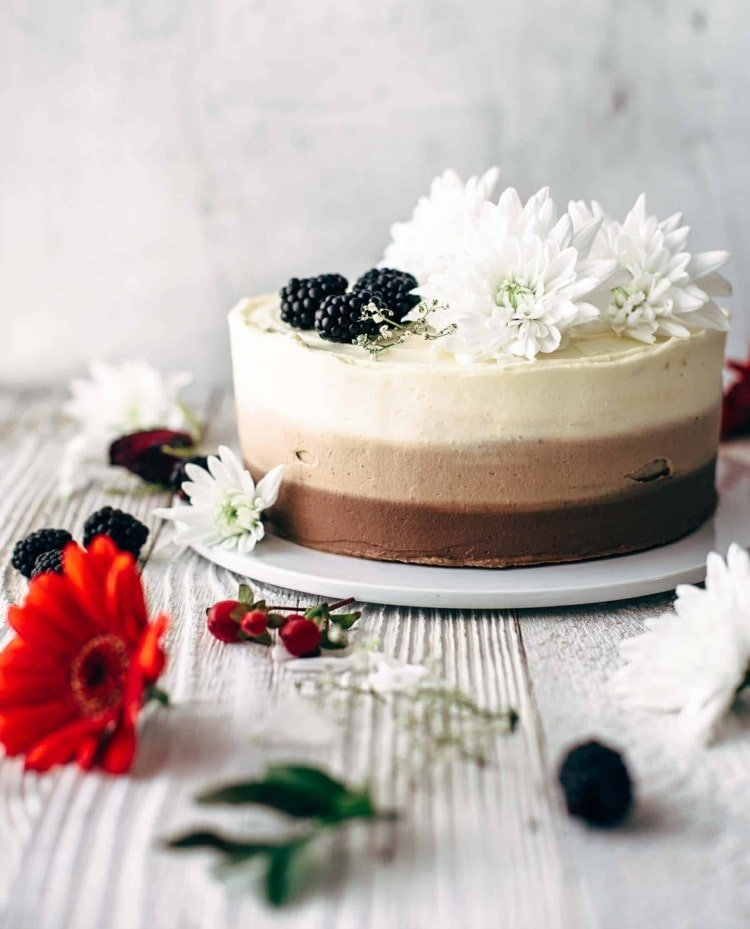 Bolo ombré com chocolate e creme light e amoras