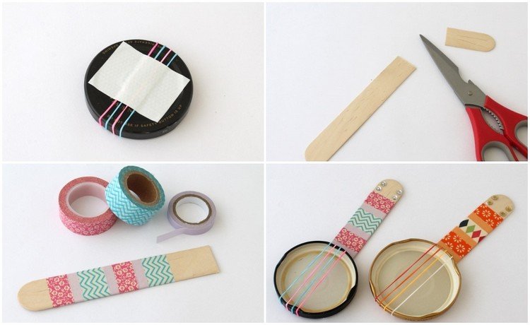 Mini banjos de instrumentos musicais DIY feitos de tampas
