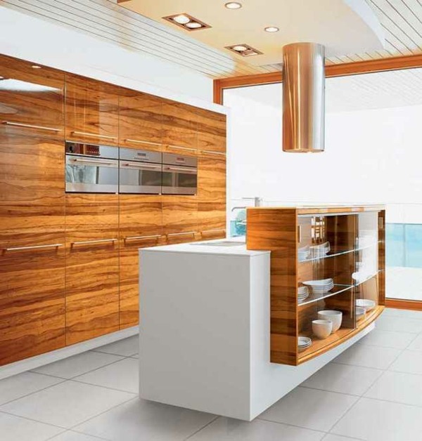 Aparência de madeira - design de cozinha - luz pendente de prata - eletrodomésticos embutidos na cozinha