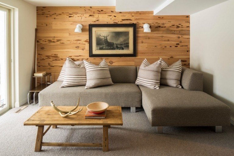Mobiliário-estilo de casa de campo-moderno-área de estar pequena-parede laminada