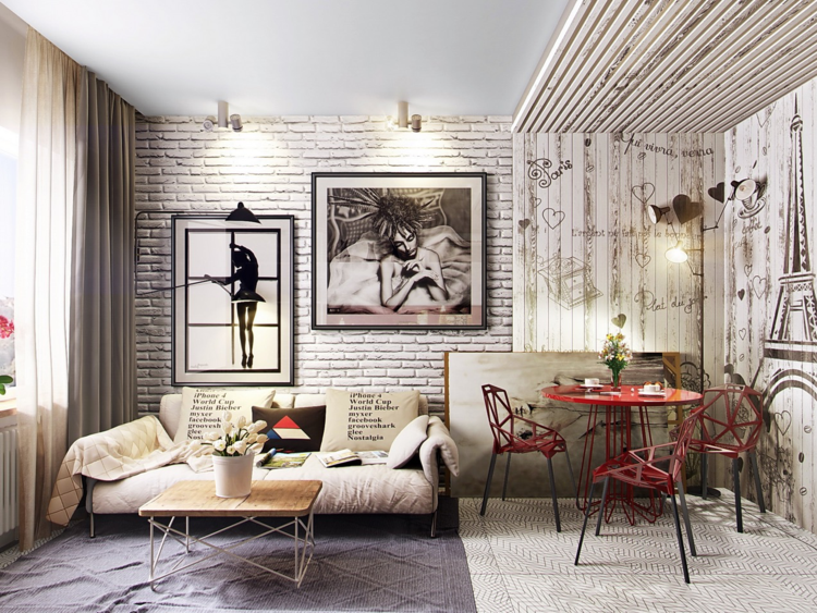 sala de jantar cadeiras pequenas painéis de parede vermelhos madeira paris tijolo sala de estar estilo de rua