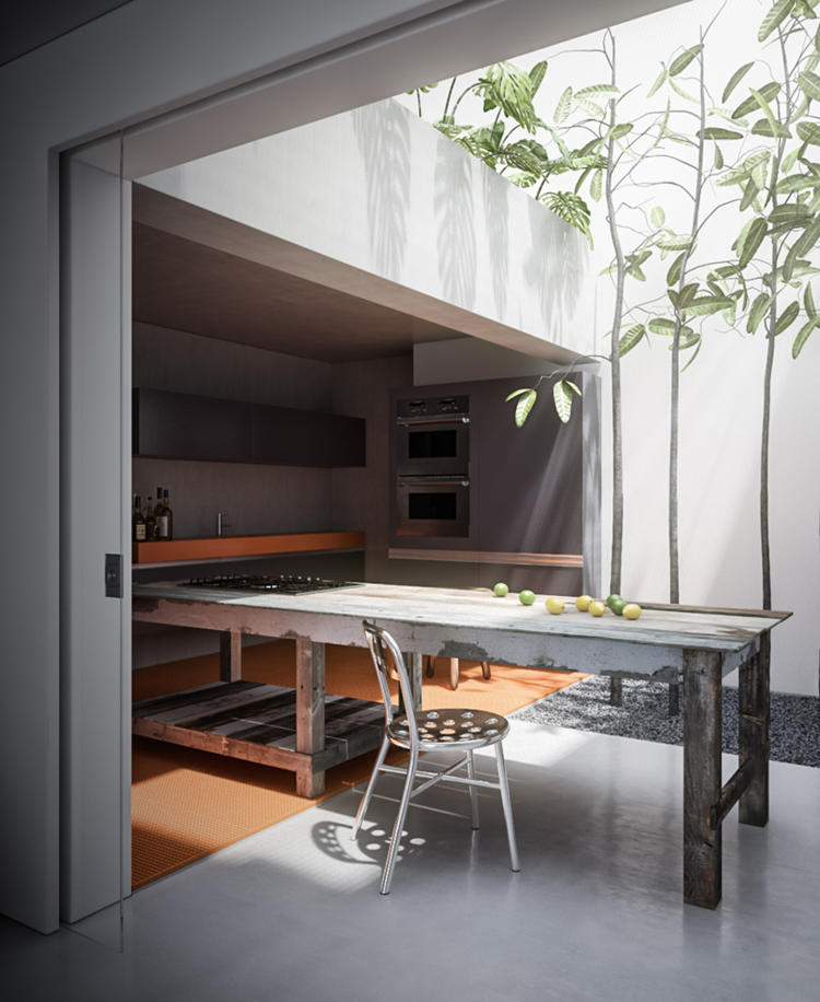 sala de jantar exterior ideia mesa plantas cozinha design ideia madeira laranja