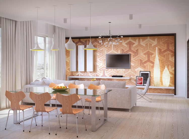 sala de jantar cadeiras em forma de parede de madeira lustre televisão mobiliário elegante