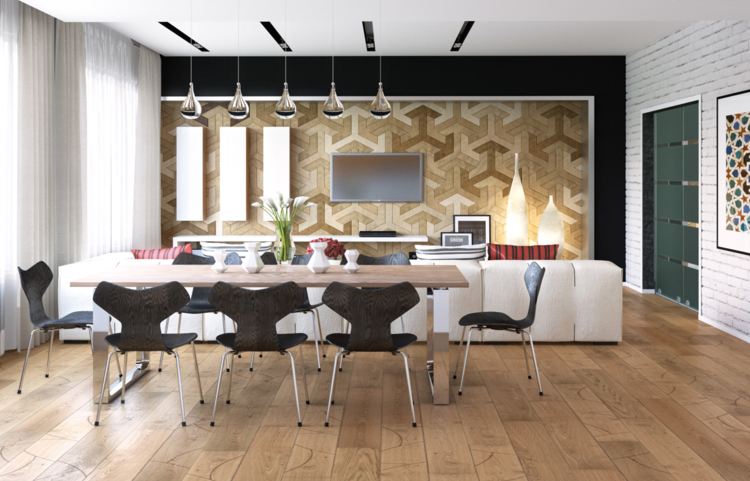 mobiliário na sala de jantar grande mesa de jantar cadeira design moderno efeito de parede