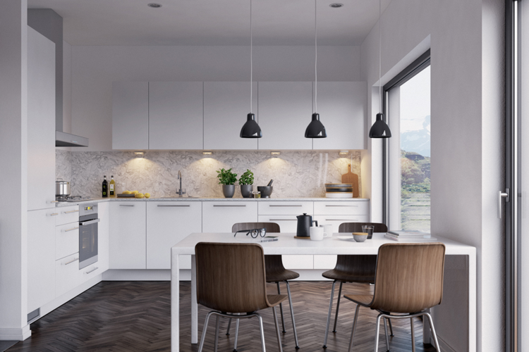 sala de jantar em parquet escuro espinha de peixe mesa de jantar cadeiras de madeira cozinha branco