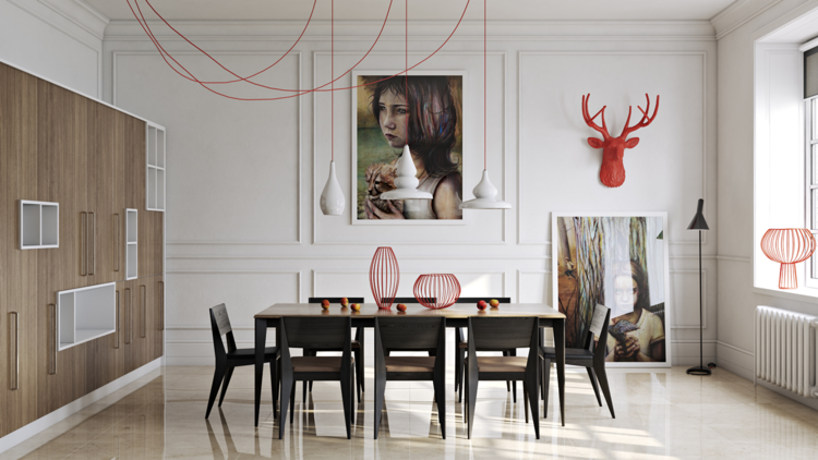 móveis de sala de jantar ladrilhos de madeira com detalhes em móveis deco vermelho