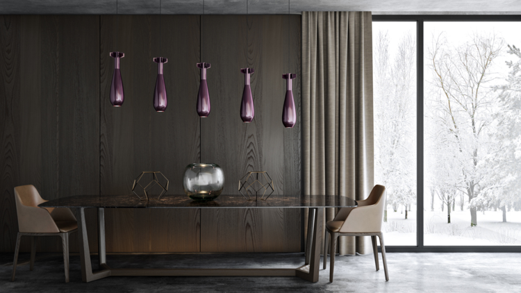 móveis de sala de jantar elegantes luzes suspensas de vidro roxo ideia de design moderno