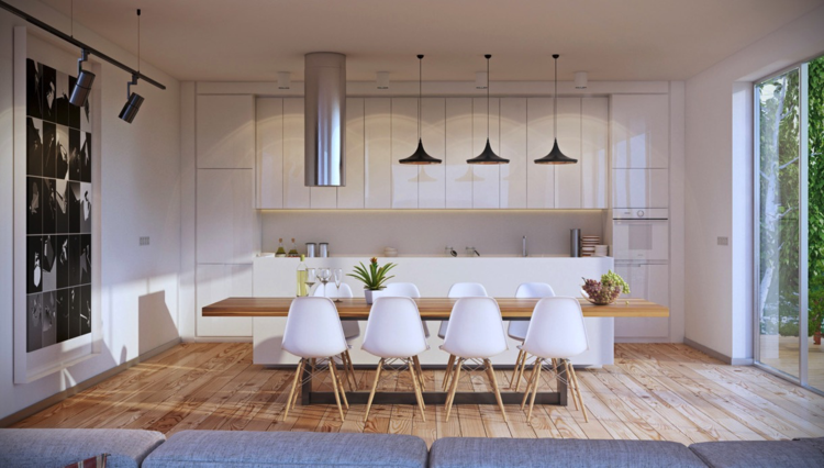 móveis na sala de jantar cadeiras brancas cozinha parquete moderno madeira clara